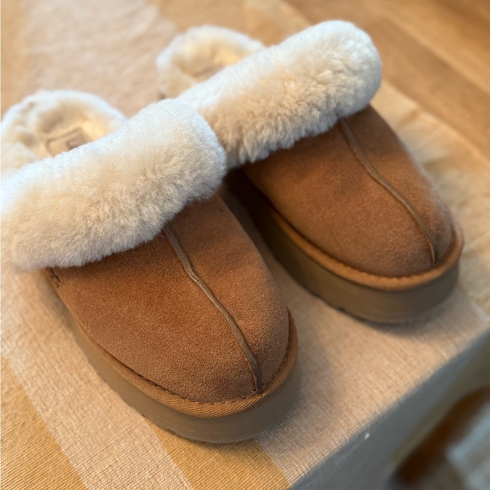 UGG Tan and Cream Shearling Slippers